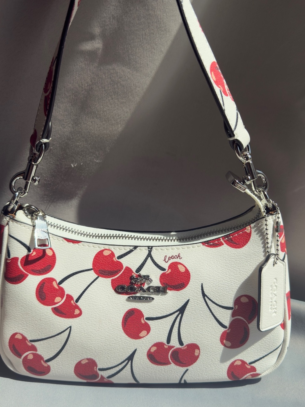 Coach White Teri Shoulder Bag with Red Cherry Print